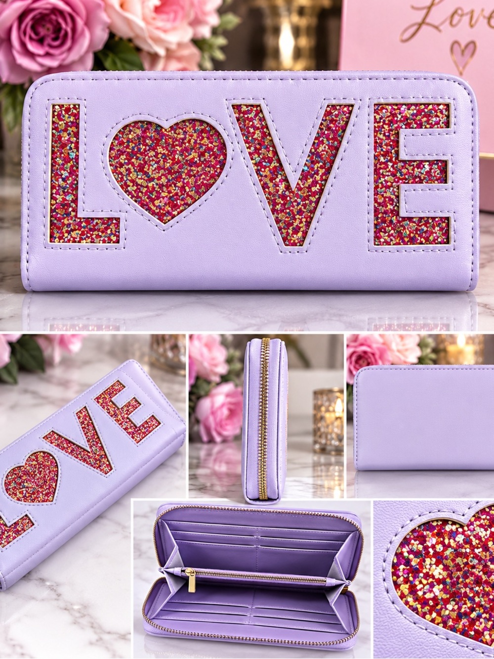 Lavender 'LOVE' Glitter Zip Wallet - Unbranded